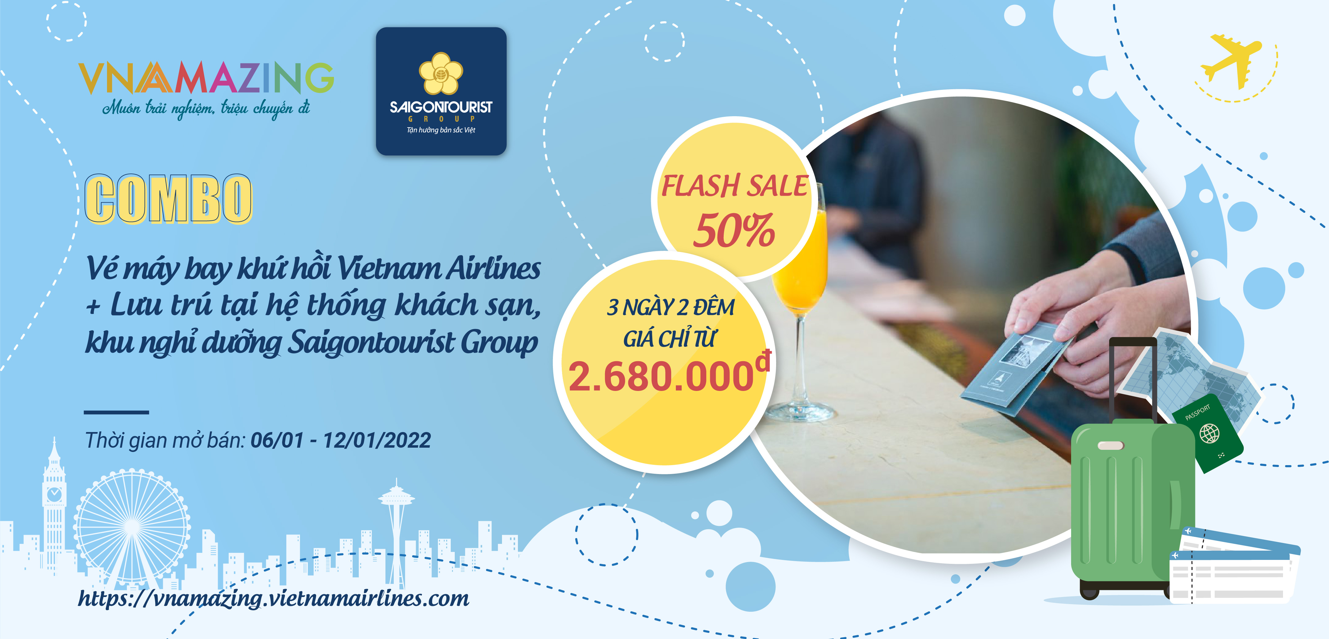 SAIGONTOURIST GROUP hợp tác VIETNAM AIRLINES mở bán Combo vé máy bay khứ hồi và khách sạn siêu khuyến mại